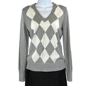 Old Navy Argyle V Neck Sweater Women's M Gray Cream White Pullover